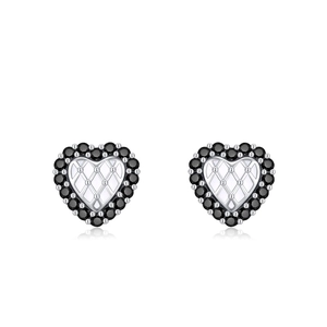 Puces d'oreilles cœur en argent S925 avec zircons noirs et texture matelassée chic