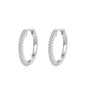 Sparkling S925 sterling silver hoop earrings featuring pavé-set zircons on white background