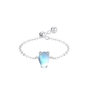 S925 Sterling Silver Water Drop Moonstone Chain Ring Women Elegant Adjustable Thin Finger Ring Ins Style Fashion Jewelry