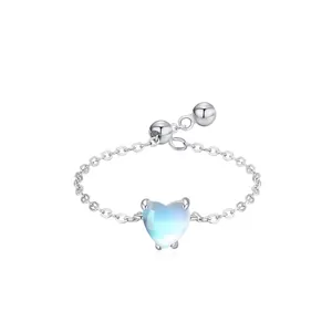 925 Sterling Silver Heart Moonstone Ring For Women Minimalist Adjustable Chain Ring Dainty Fine Jewelry Romantic Gift