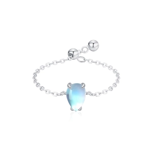 Adjustable S925 silver chain ring with a teardrop moonstone in a minimalist design