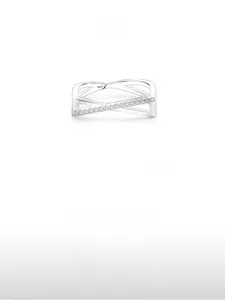 Macro shot of S925 sterling silver crisscross ring with micro-pave cubic zirconia detail