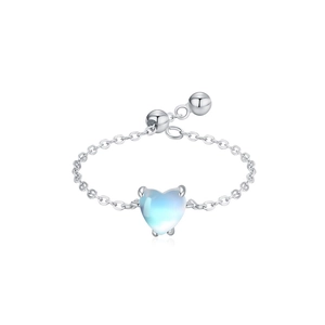 Adjustable S925 sterling silver heart ring featuring a soft chain and moonstone gemstone