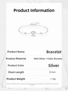Detailed specifications for S925 silver heart bracelet with dimensions and material info