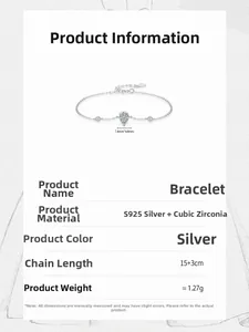 Detailansicht S925 Silber Armband mit Wassertropfen-Zirkonia und Größenangaben im Bild