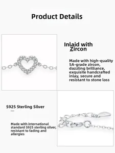 Detail of S925 sterling silver heart bracelet with micro-pave 5A cubic zirconia and clasp