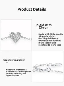Detail of S925 sterling silver heart necklace featuring premium 5A cubic zirconia stones