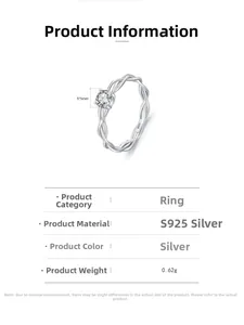 Detail view of S925 silver twist ring with 5mm round cubic zirconia stone and stamp