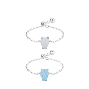 S925 Sterling Silver Pear Cut Opal Adjustable Chain Ring For Women Minimalist Water Drop Thin Link Ring INS Style Jewelry Gift