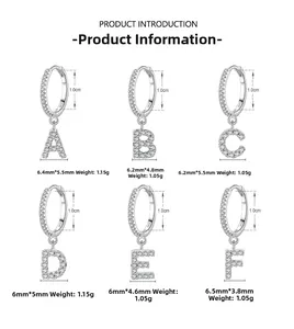 Detail view of S925 sterling silver hoop earrings with micro-pave letter pendants A to F