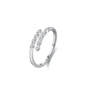925 Sterling Silver Geometric Open Ring For Women Adjustable Zirconia Double Row Silver Ring Minimalist Fashion Jewelry