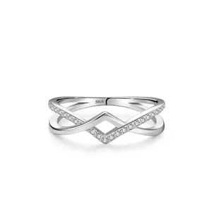 925 Sterling Silver Geometric Cross Ring For Women Elegant Rhinestone Inlaid Line Band Minimalist Fine Jewelry Finger Ring