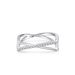 925 Sterling Silver Cross Ring For Women Sparkly Zirconia Inlaid X Shape Finger Ring Adjustable Fashion Jewelry Gift