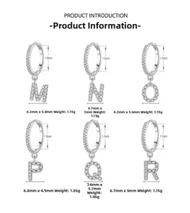 Detailed dimensions of S925 sterling silver alphabet hoop earrings with micro-inlaid zircon