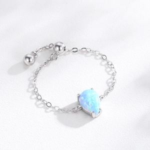 Adjustable S925 silver chain ring featuring a teardrop-shaped blue-green opal gemstone