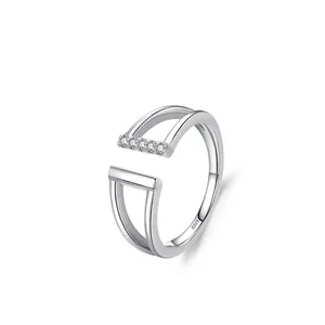 925 Sterling Silver Geometric Open Ring for Women Zirconia Micro-Inlaid Double Line Adjustable Finger Ring Minimalist Jewelry