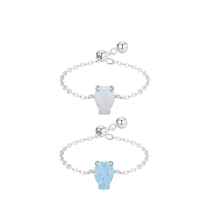 Adjustable S925 silver chain ring with pear-cut opal stones in white and blue