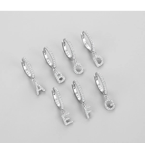 S925 sterling silver hoop earrings with A-G letter pendants and micro-paved cubic zirconia