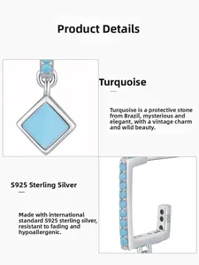 Detailed close-up of S925 sterling silver stamp and turquoise inlay on geometric earrings