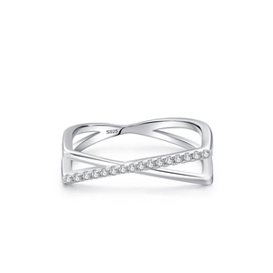 S925 sterling silver criss cross ring with micro-paved cubic zirconia accents
