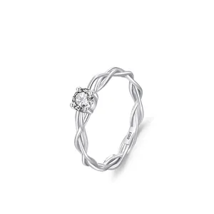 925 Sterling Silver Ring For Women Minimalist Braided Twist Design Round Rhinestone Solitaire Ring Fashion Jewelry Gift