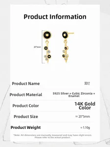 Detailed spec sheet showing 14K gold S925 silver black enamel earrings with zircon stones