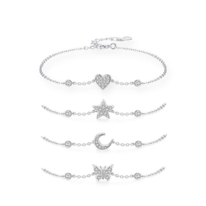 S925 Sterling Silver Bracelets Set with Heart Star Moon and Butterfly Charms