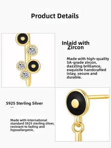 Close-up of S925 sterling silver earrings with black enamel and 5A cubic zirconia