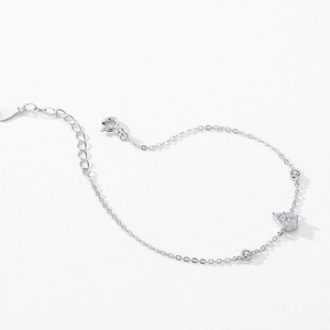 S925 sterling silver heart bracelet with pave zirconia and adjustable chain link