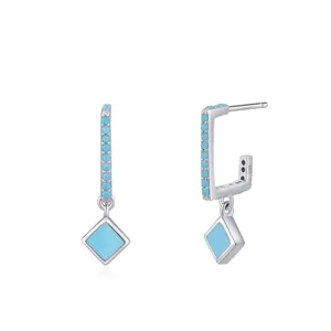Vintage S925 Sterling Silver Turquoise Drop Earrings For Women Elegant Geometric Square Dangle Earrings Jewelry Gift