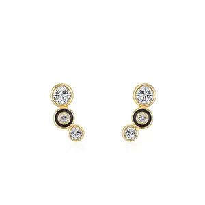 Squisiti Orecchini a Bottone in Argento Sterling 925 con Smalto Nero e Bolle per Donna Stile Giapponese Minimalista Zirconia Micro Intarsiata Placcata Oro Gioielli di Moda