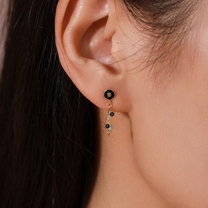 S925 silver gold drop earrings with black enamel bubbles and micro-pave zircons