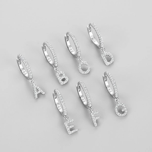 S925 sterling silver hoop earrings with zircon-paved letters from A to G in silver finish
