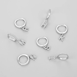 S925 sterling silver hoop earrings with iced-out alphabet letter pendants and zircon stones