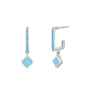 Elegant S925 sterling silver geometric square earrings with turquoise blue stones
