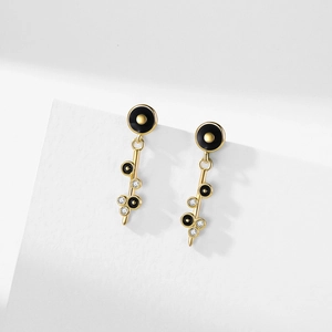 S925 silver bubble earrings with black enamel and zircons in a golden finish