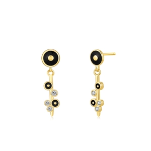 Elegant gold drop earrings with black enamel circles and sparkling cubic zirconia stones