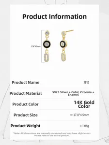 Detail view of S925 silver earrings with black enamel and 14K gold plating dimensions