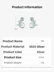 Detail view of S925 silver lizard earrings with green enamel and zircons, 12.4mm height
