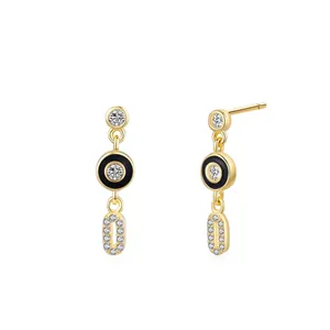 925 Sterling Silver Earring Post Zirconia Black Enamel Geometric Stud Earrings 14K Gold Plated Niche Design Women Jewelry