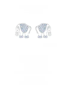 Detail of S925 silver elephant studs with blue zircon pavé and intricate animal design