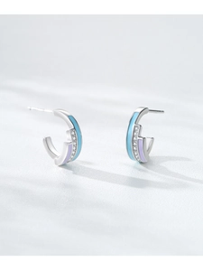 Close-up of S925 silver U-shape earrings with rainbow enamel and zircon micro-pave