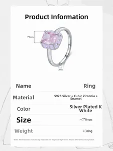 Detailed technical specifications for S925 silver ring with pink zircon and purple enamel