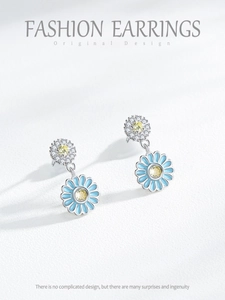 Detail of light blue enamel daisy earrings in S925 sterling silver with micro-inlaid stones