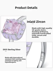 Macro shot of S925 silver ring featuring pink square zircon and purple enamel details