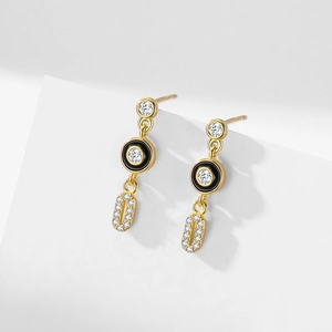 S925 silver earrings with black enamel rings and sparkling pavé diamond pendants