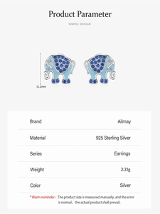 Detail view of S925 silver elephant stud earrings with blue enamel and micro-set diamonds