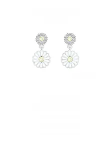 Detail view of S925 silver sunflower earrings with blue enamel and micro-pave diamonds