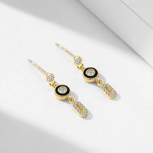 S925 silver 14K gold plated earrings with black enamel and micro inlaid zircon crystals