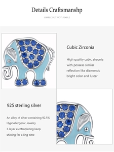Detail of 925 sterling silver elephant stud with blue enamel and cubic zirconia
